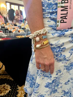 Bundle Bracelet with Yellow and Blue Leather with Pearls