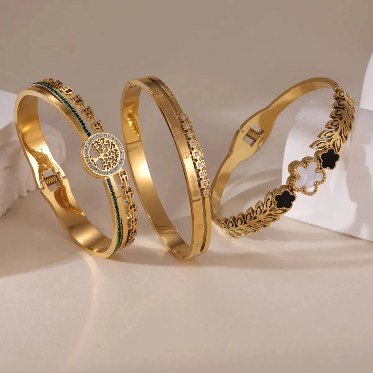 Casual Elegant Life Tree Flower 304 Stainless Steel 18K Gold Plated Bangle