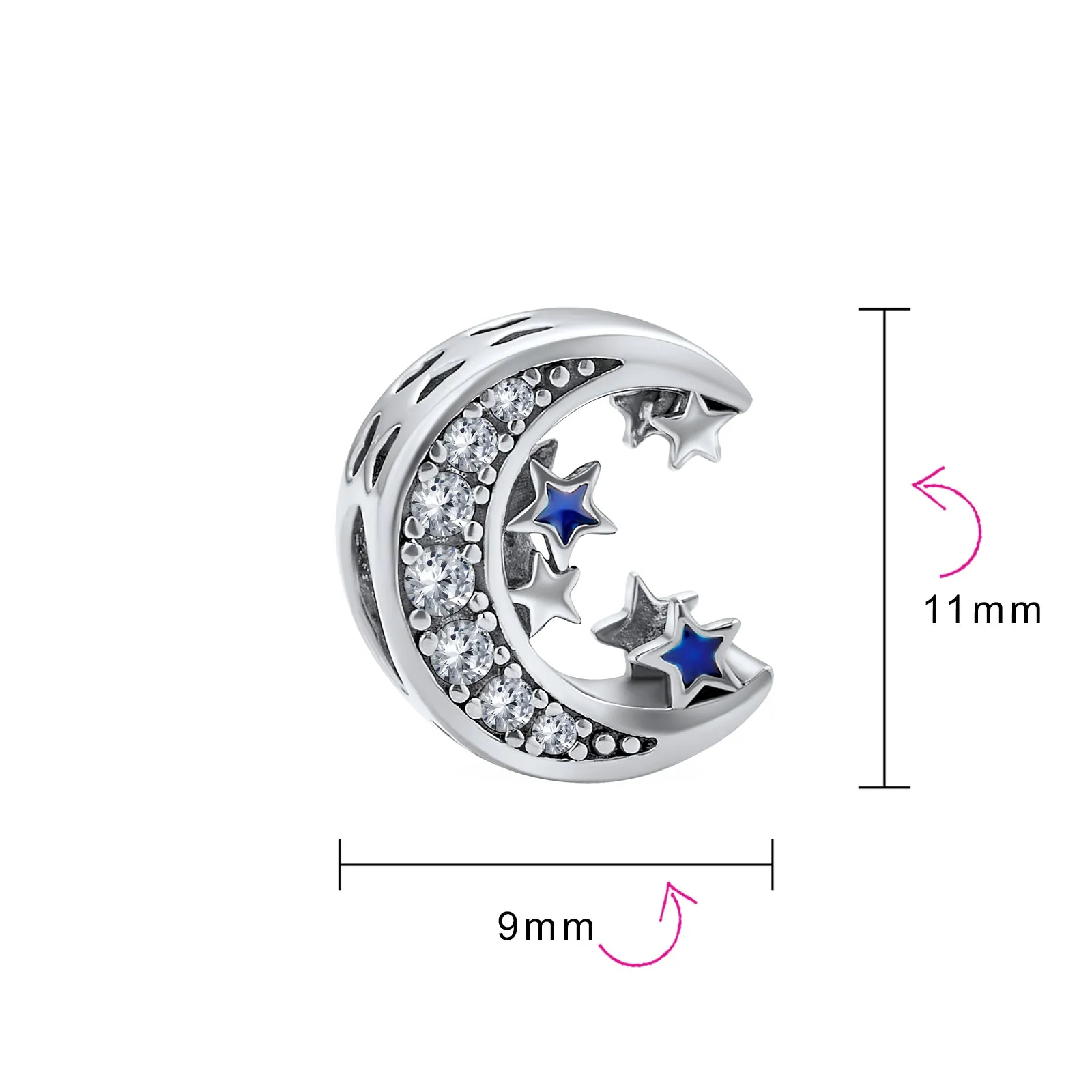 Celestial Crescent Moon Star Charm Bead Sterling Silver for European Bracelets