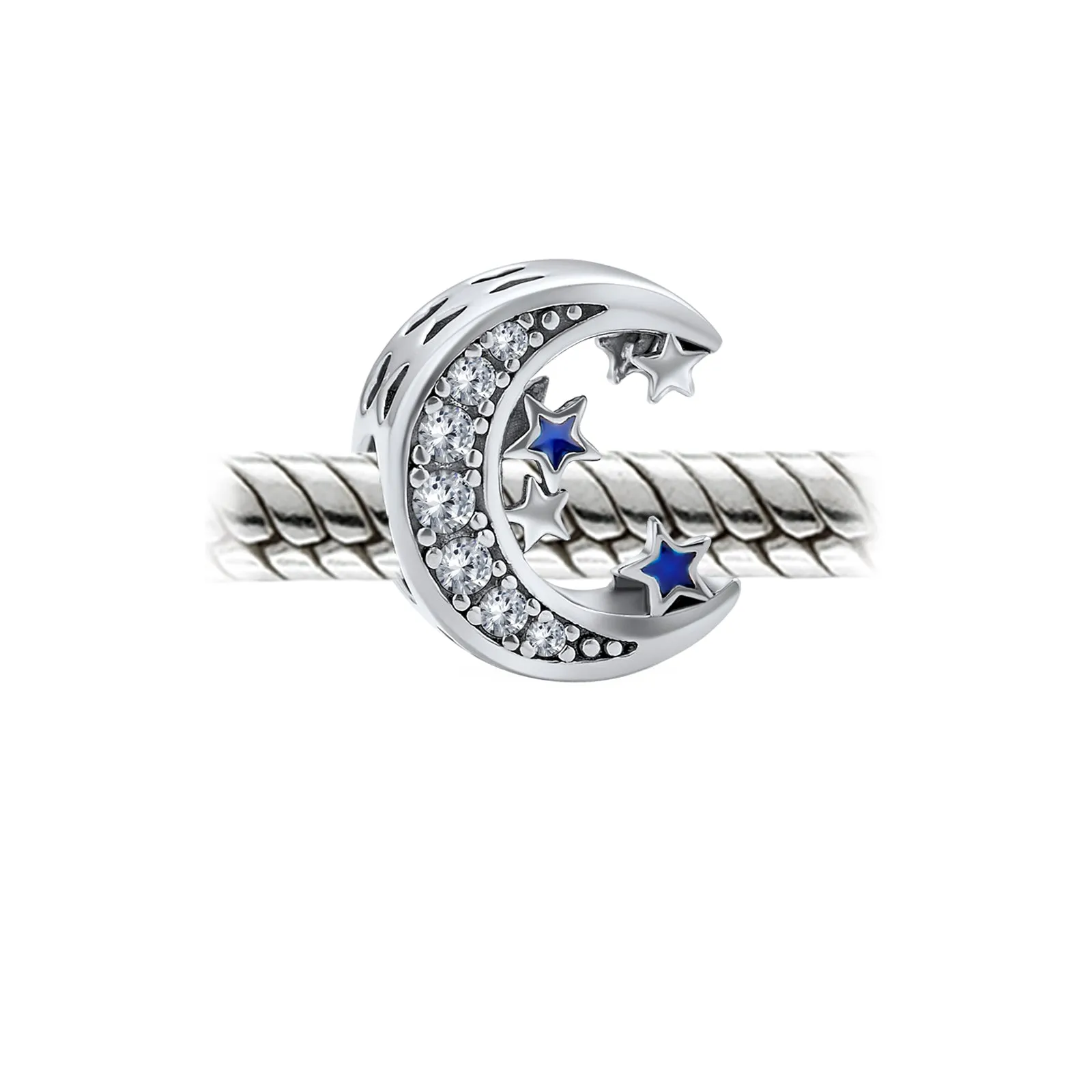 Celestial Crescent Moon Star Charm Bead Sterling Silver for European Bracelets