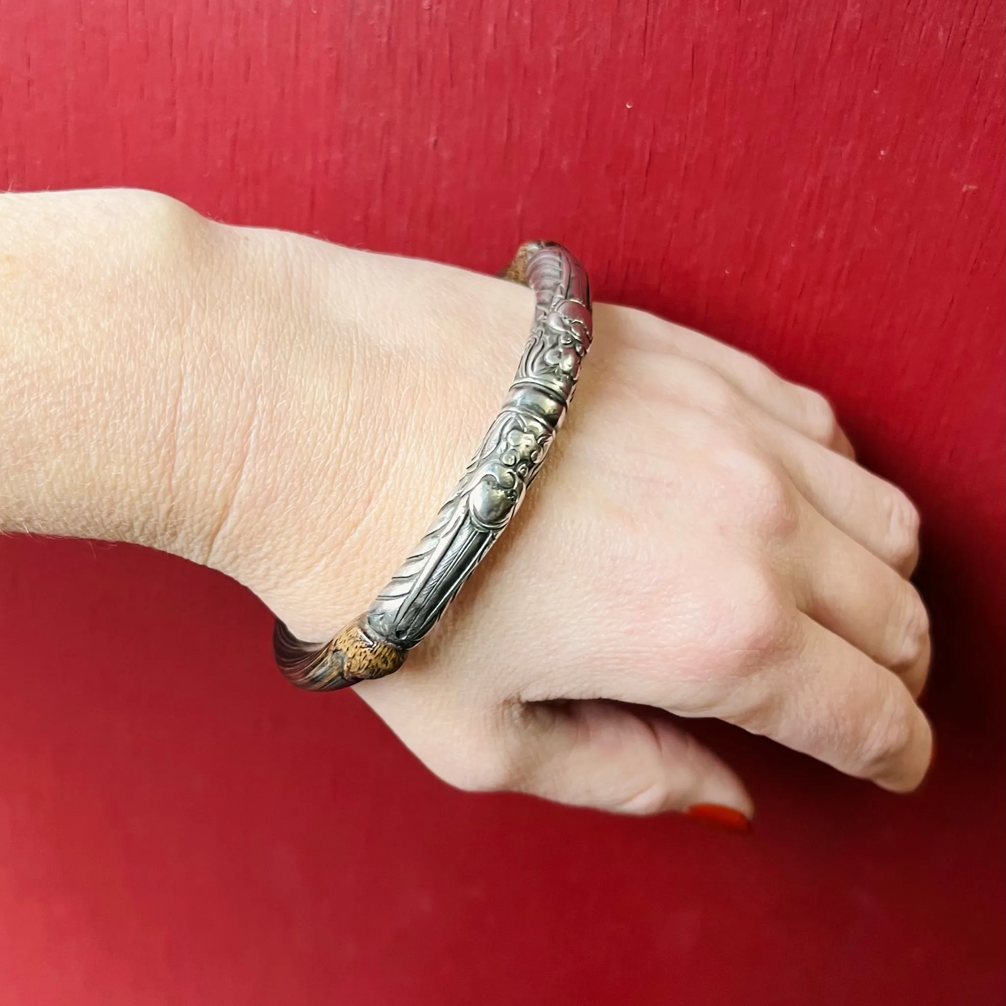 Celestial Double Dragon Silver & Bamboo Bangle