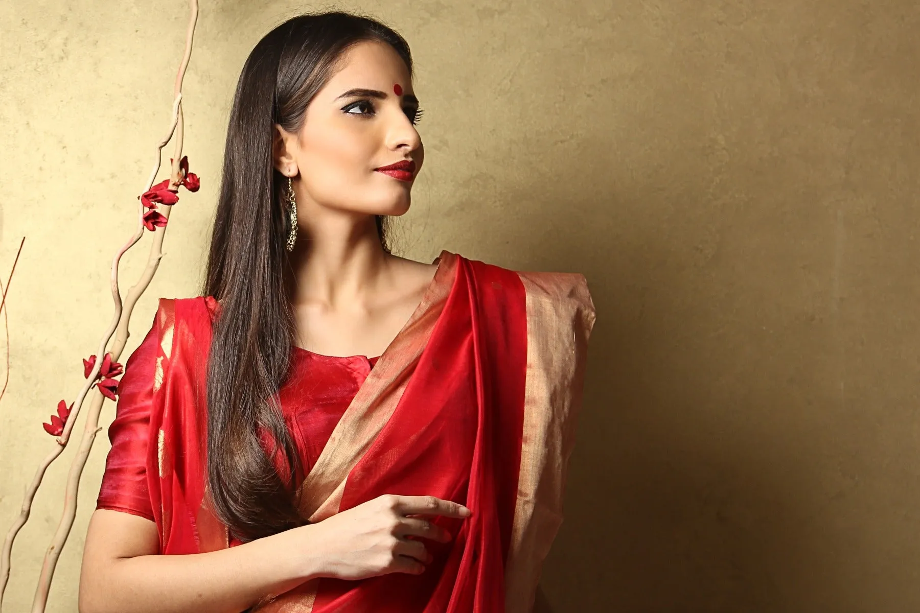 Chanderi Hand Loom Mercerised Silk Saree in Red