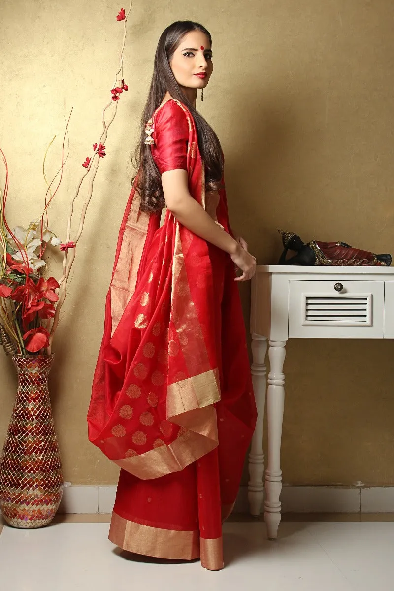 Chanderi Hand Loom Mercerised Silk Saree in Red