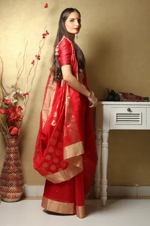 Chanderi Hand Loom Mercerised Silk Saree in Red