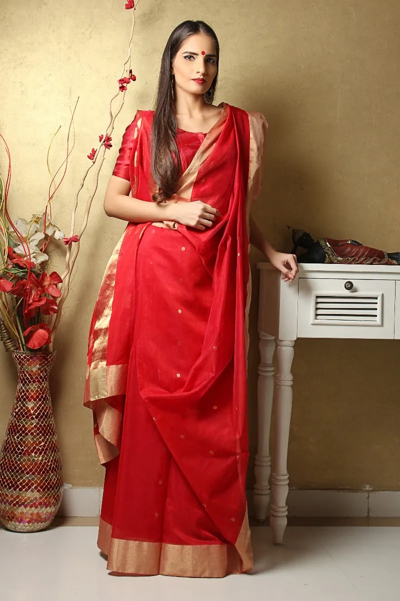 Chanderi Hand Loom Mercerised Silk Saree in Red