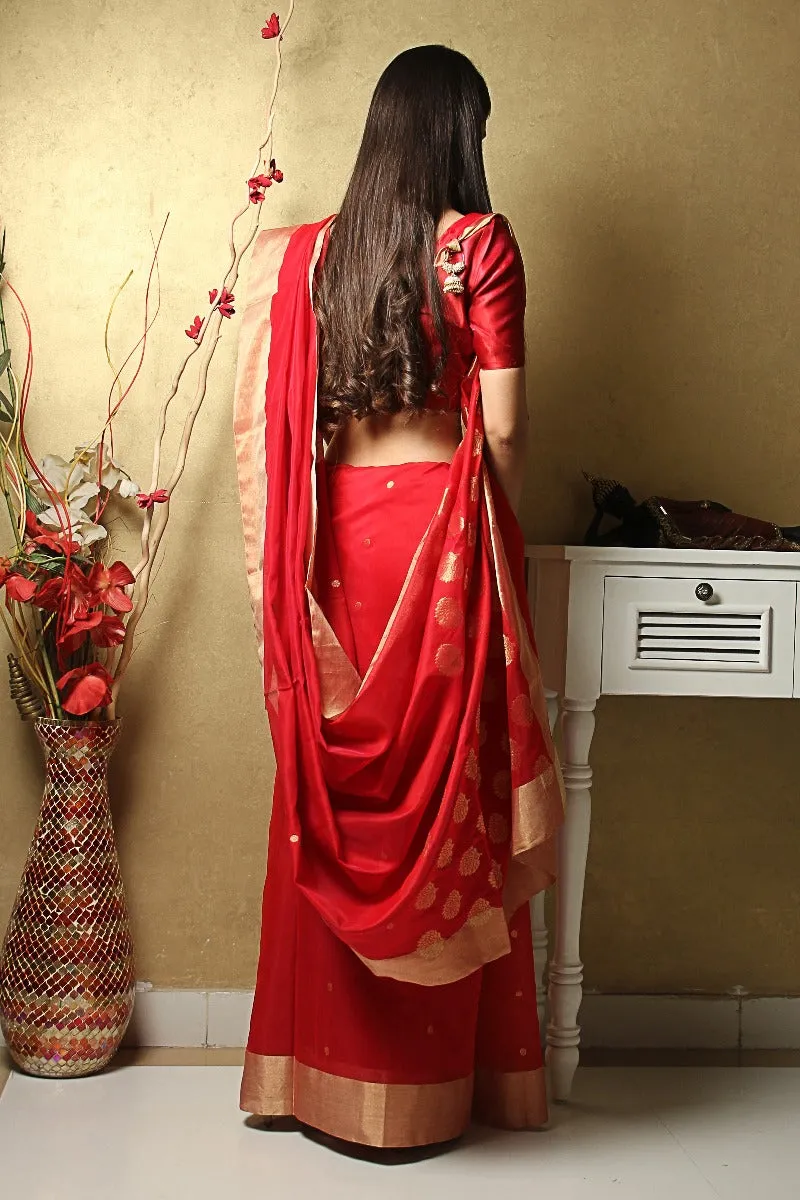 Chanderi Hand Loom Mercerised Silk Saree in Red