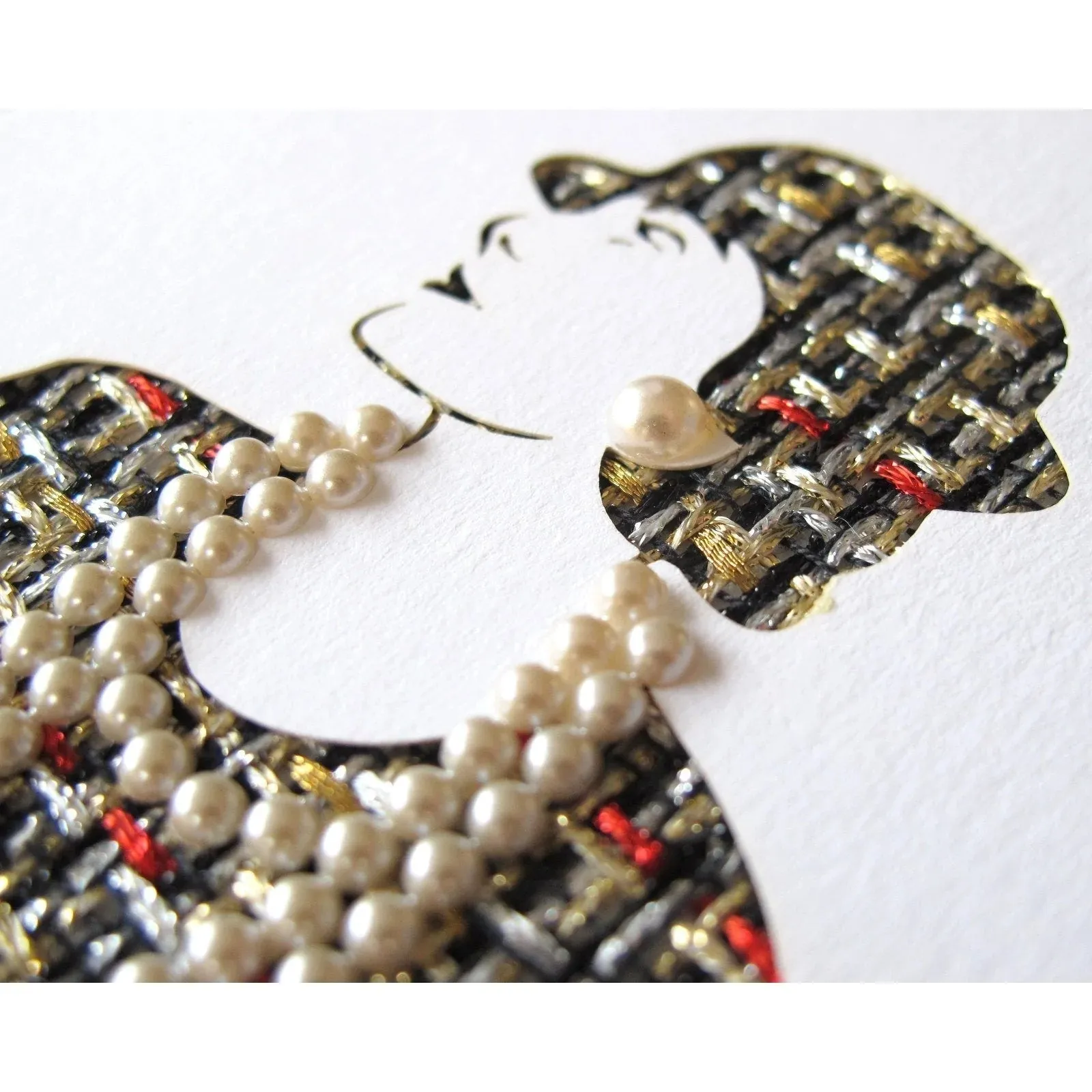 Chanel by Man Ray Trust Greeting Card of Coco with her Tweed Suit and Set in Real Tiny Pearls Gripoix in relief Rare New!