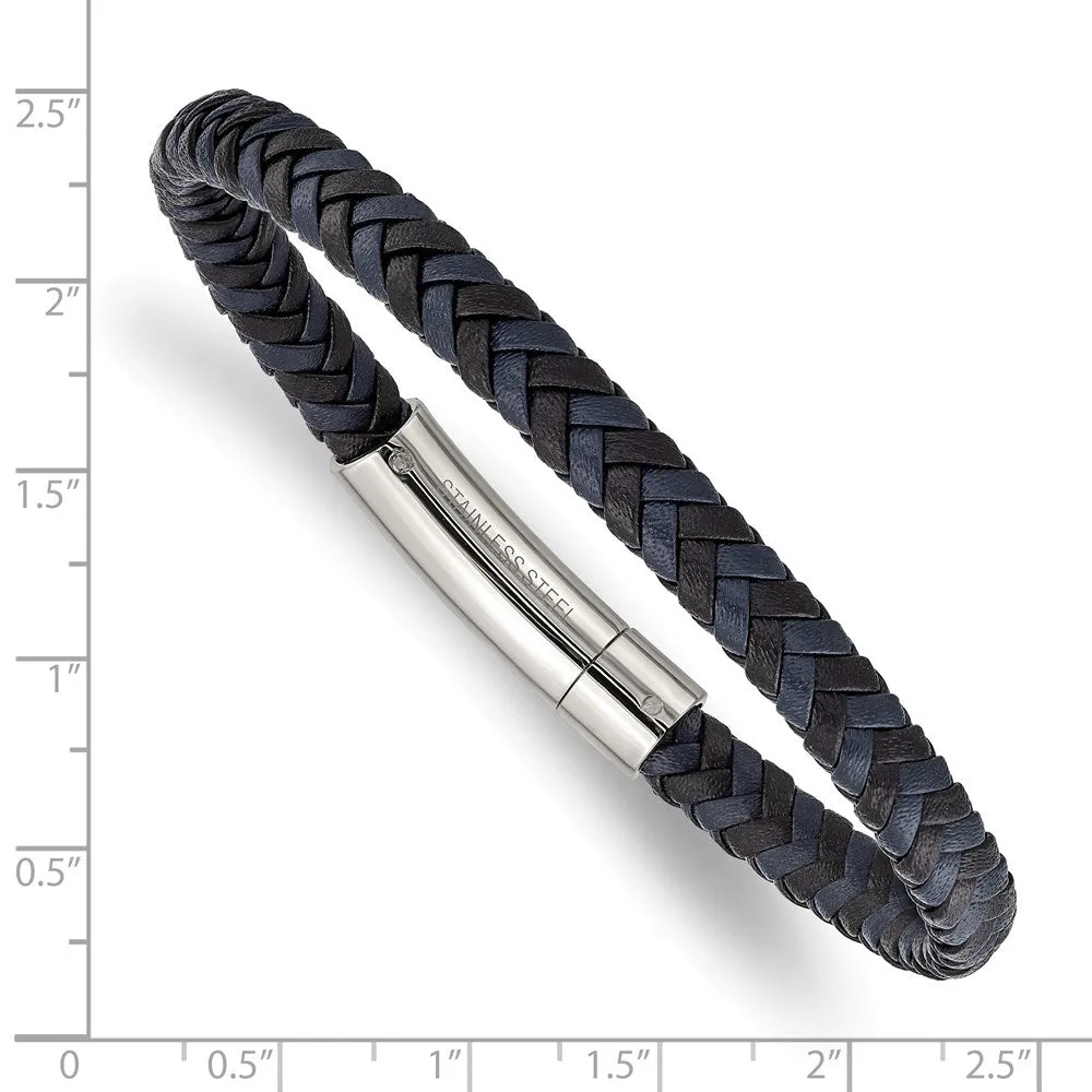 Chisel Stainless Steel Polished Black and Blue Braided Leather 8.25 inch Bracelet
