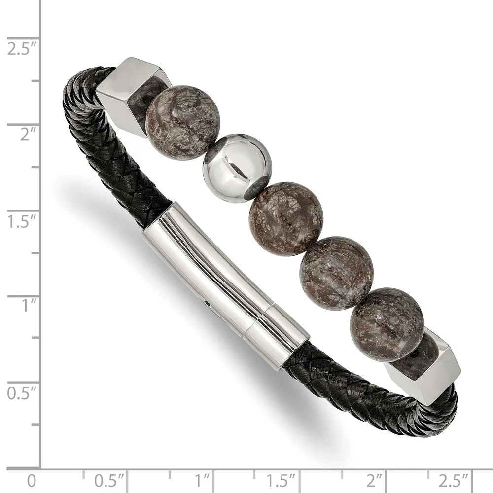 Chisel Stainless Steel Polished with Labradorite Beads Black Leather 8.5 inch Bracelet
