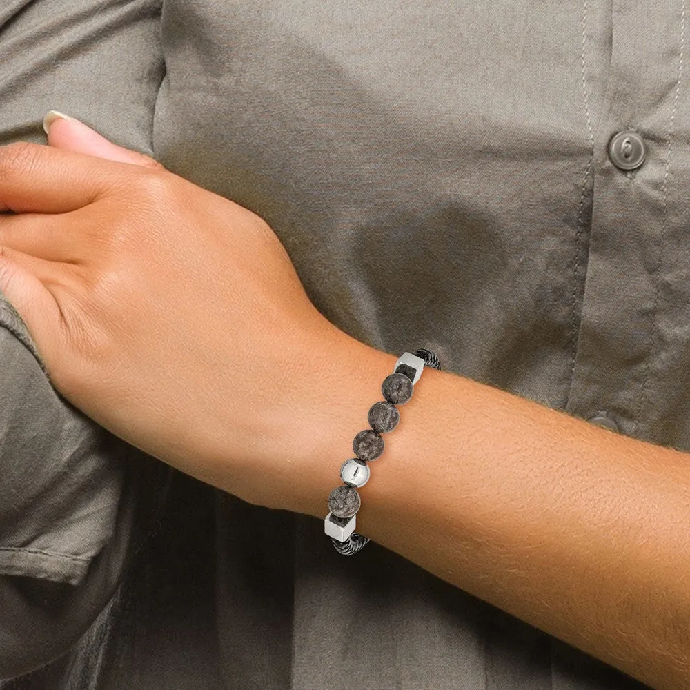Chisel Stainless Steel Polished with Labradorite Beads Black Leather 8.5 inch Bracelet