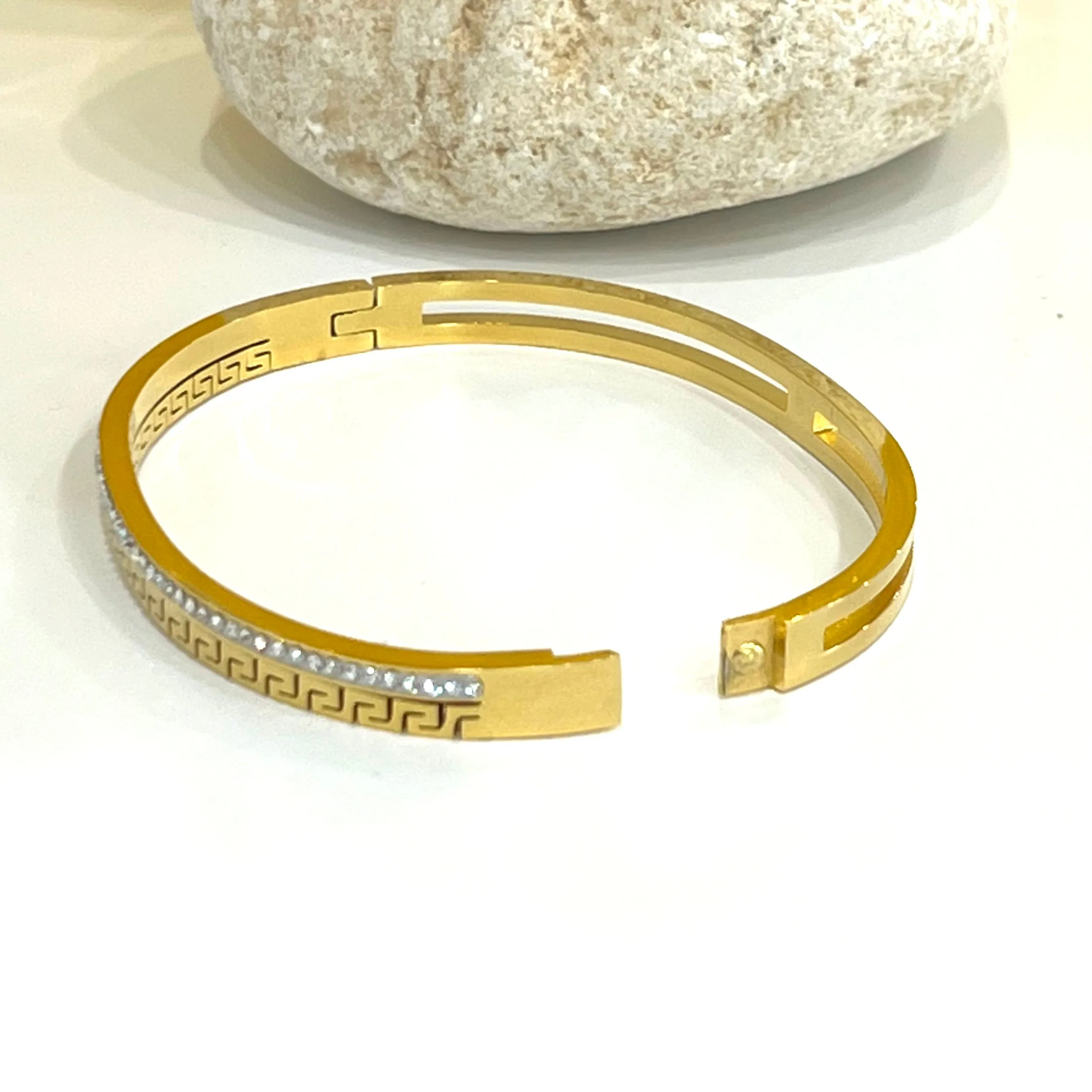 Classic 14K Gold Plated CZ Greek Design Bangle Bracelet