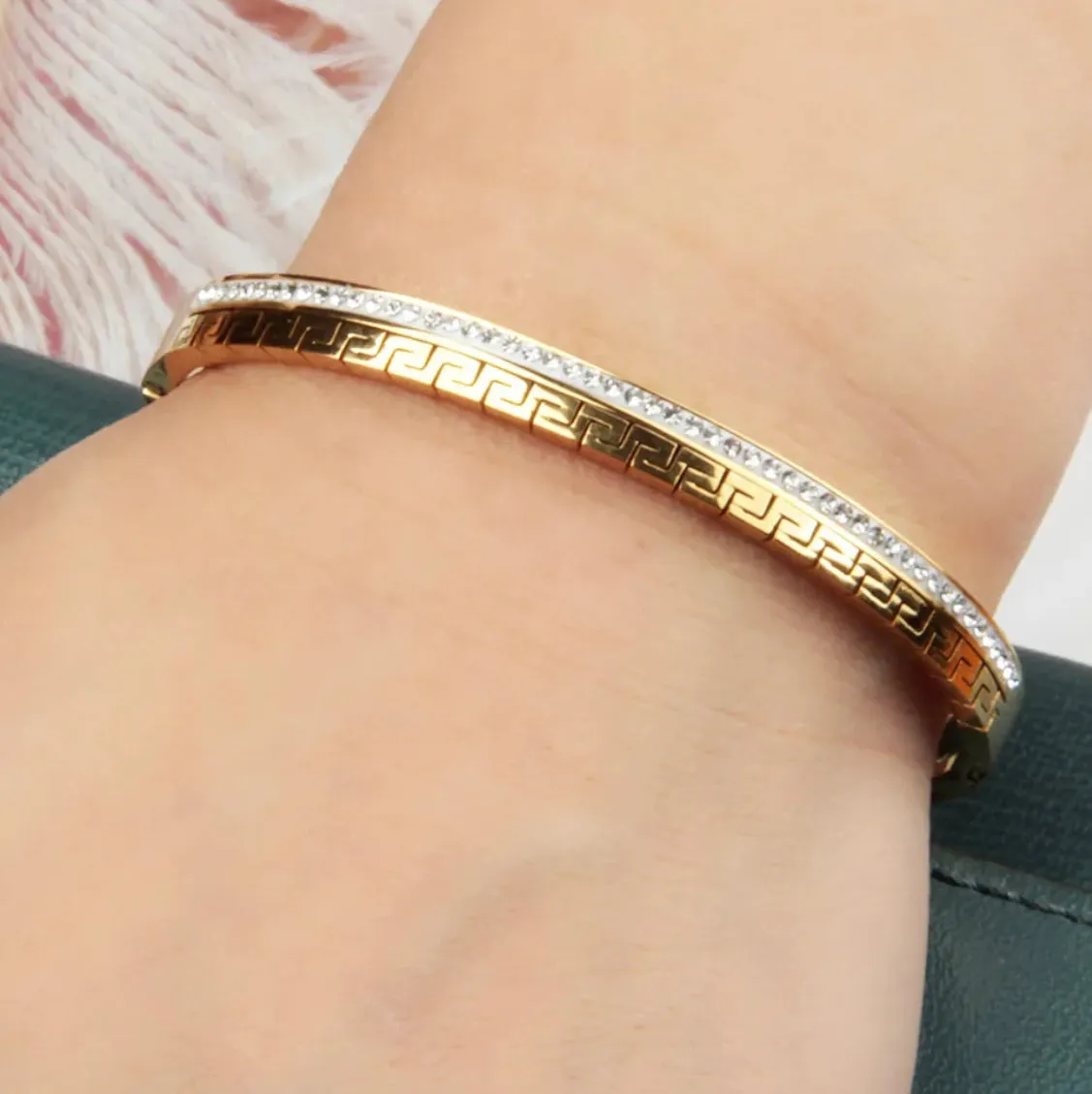 Classic 14K Gold Plated CZ Greek Design Bangle Bracelet