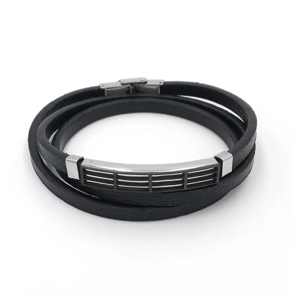 Classic Bracelets for Men - Stainless Steel and Genuine Leather Wide Bracelet - Magnetic Buckle - Trendy Design - Great Gift