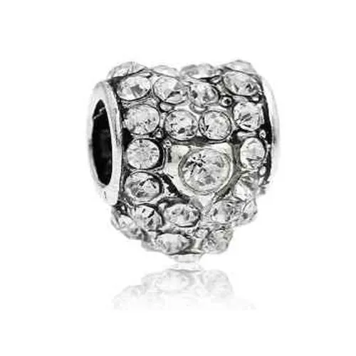 Clear  Crystals Pave Heart Charm European Bead Compatible for Most European Snake Chain Bracelet