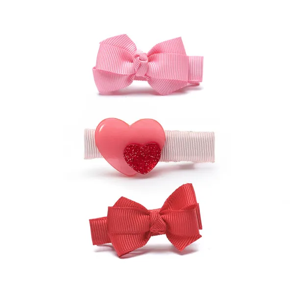 Clip Set | Baby Heart Double & Fabric Bow Red Pink Set | Lilies and Roses NY