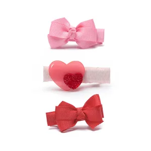 Clip Set | Baby Heart Double & Fabric Bow Red Pink Set | Lilies and Roses NY