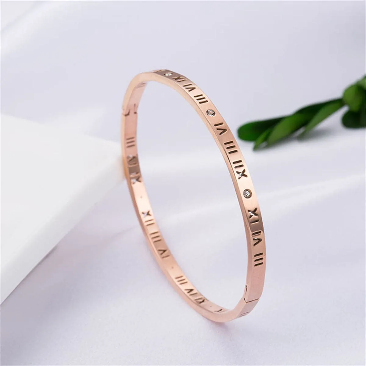 Cubic Zirconia & 18K Rose Gold-Plated Roman Numeral Bangle