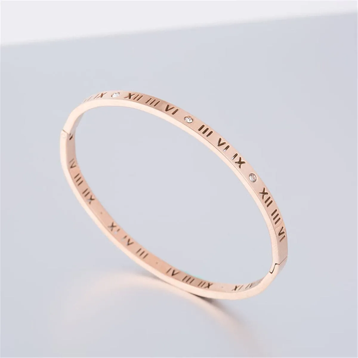 Cubic Zirconia & 18K Rose Gold-Plated Roman Numeral Bangle