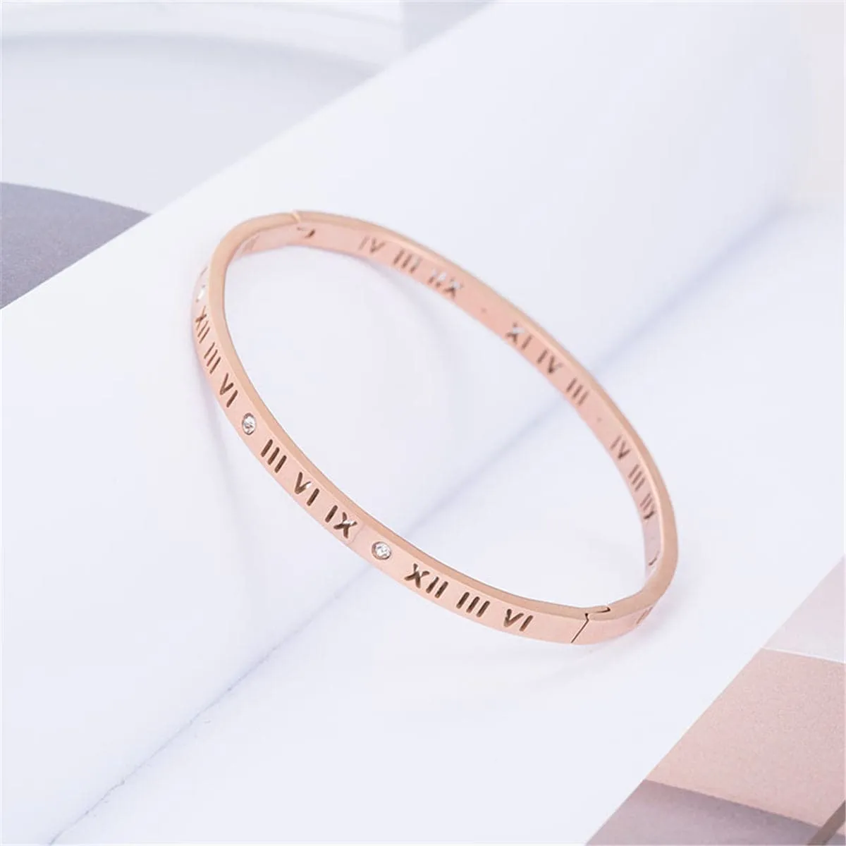Cubic Zirconia & 18K Rose Gold-Plated Roman Numeral Bangle