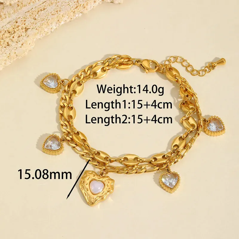 Cute Heart Shape 304 Stainless Steel 18K Gold Plated Zircon  Charm Chain Bracelet