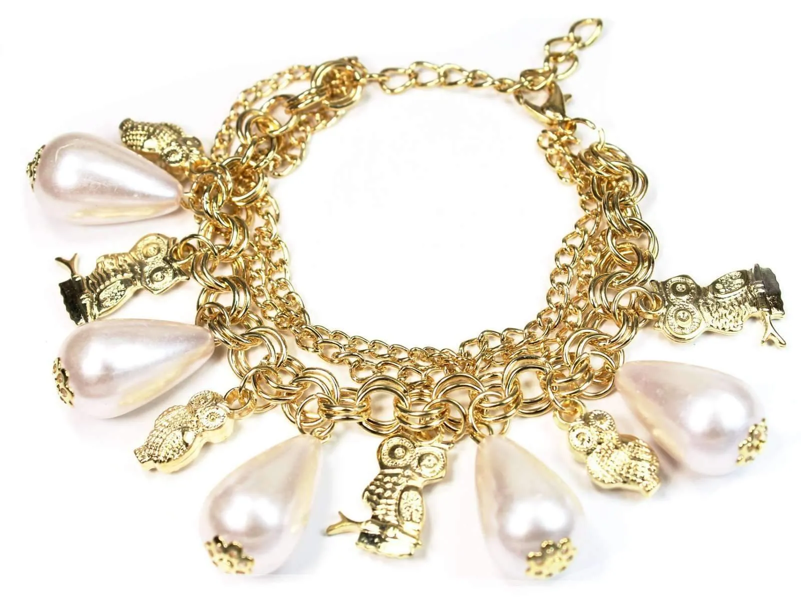 Drop Pearls & Owls Charm Bracelet
