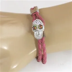 Dusty Pink Leather Cord Bracelet with Sparkly Skull
