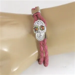 Dusty Pink Leather Cord Bracelet with Sparkly Skull