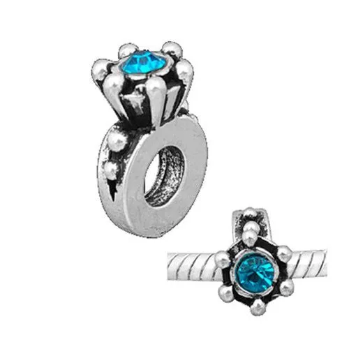 Engagement Ring Charm W/aqua Marine  Crystal Charm European Bead Compatible for Most European Snake Chain Bracelet