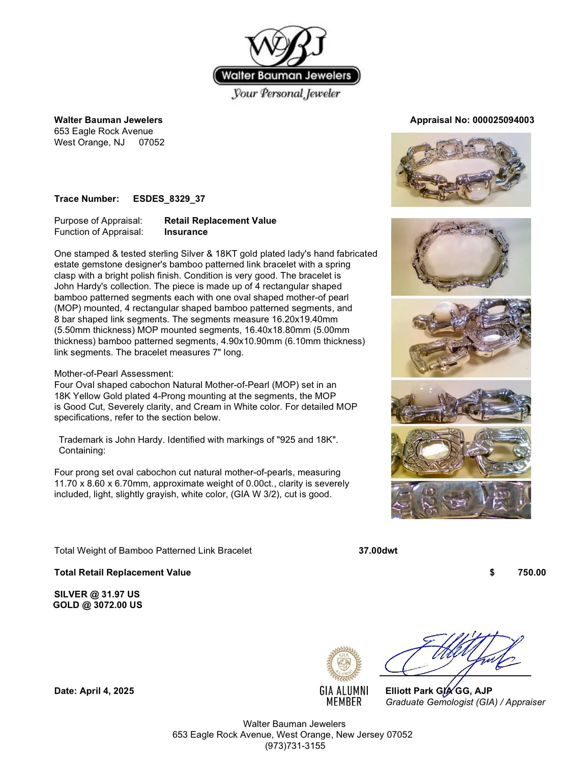 Estate John Hardy SS 18 MOP Bamboo Bracelet
