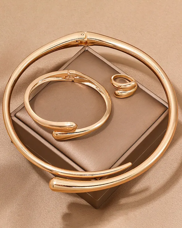 Fashionable Geometric Jewelry Set – 3-Piece Smooth Metal Collar Necklace, Bracelet & Ring for Women