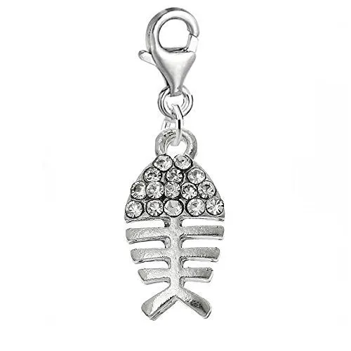 Fish Bone Charm Pendant for European Jewelry w/ Lobster Clasp