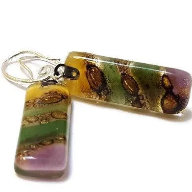 Fused glass  multicolor earrings. Oblong fun colors recycled glass  Dangle earrings
