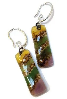 Fused glass  multicolor earrings. Oblong fun colors recycled glass  Dangle earrings