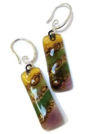 Fused glass  multicolor earrings. Oblong fun colors recycled glass  Dangle earrings