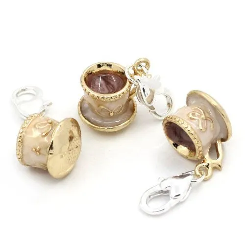 Gold Tone Teacup Clip on Pendant for European Charm Jewelry w/ Lobster Clasp