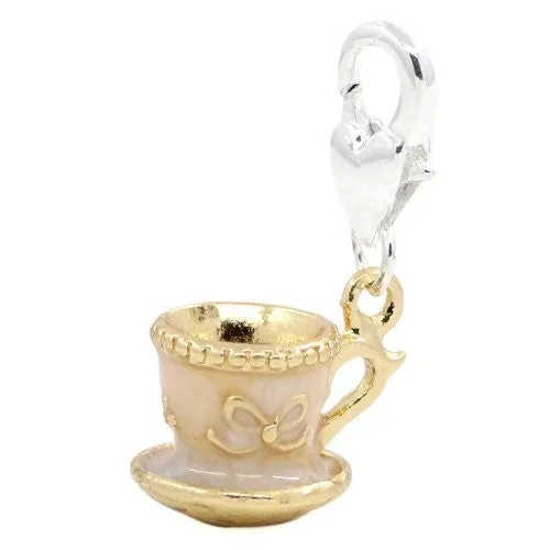 Gold Tone Teacup Clip on Pendant for European Charm Jewelry w/ Lobster Clasp