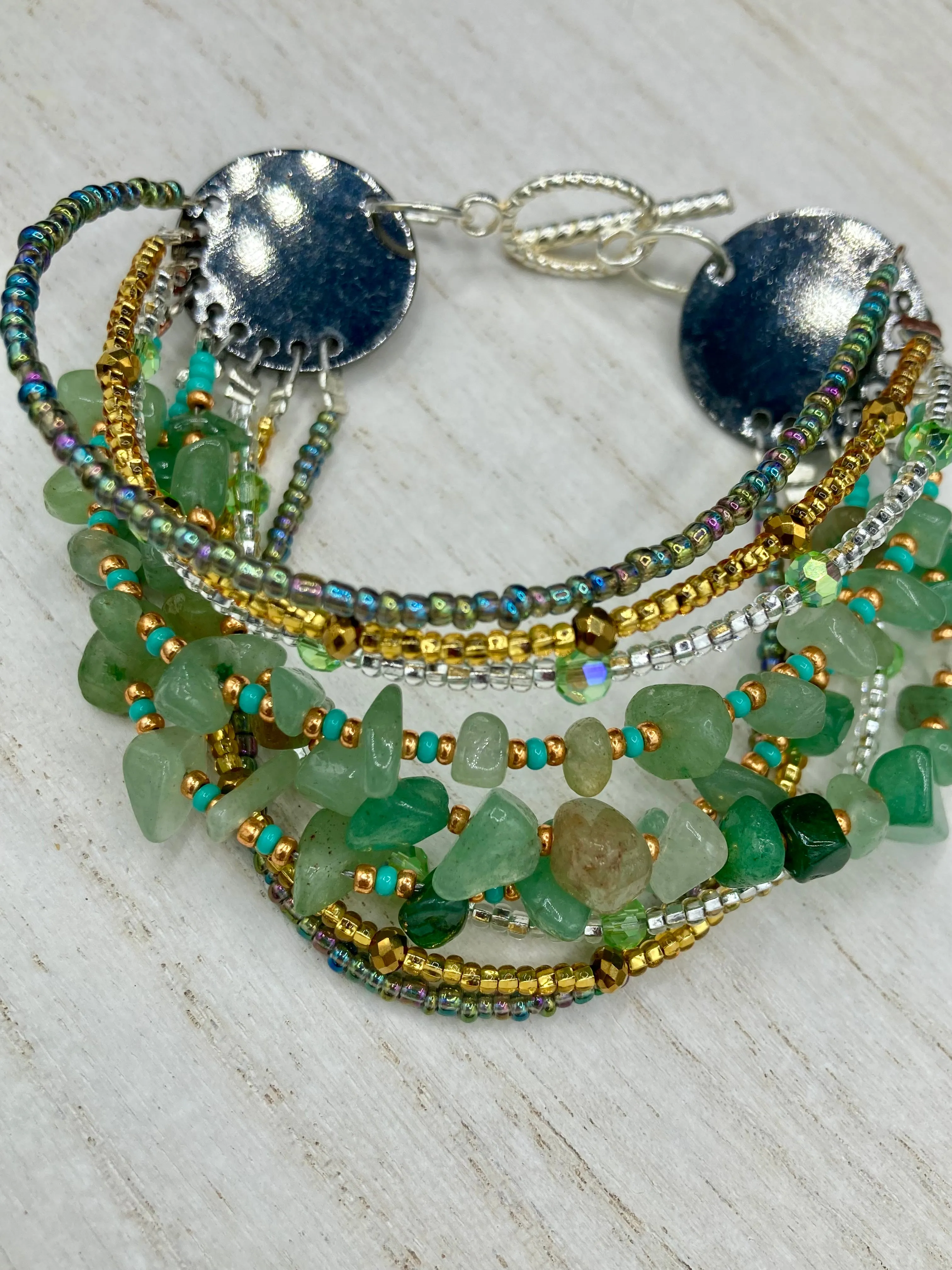 Green Aventurine Chip Beaded Bracelet, Bohemian, Hippie Natural Genuine Stone, Boho Chic, Shabby Chic, Gold And Green Beaded Strand Bracelet