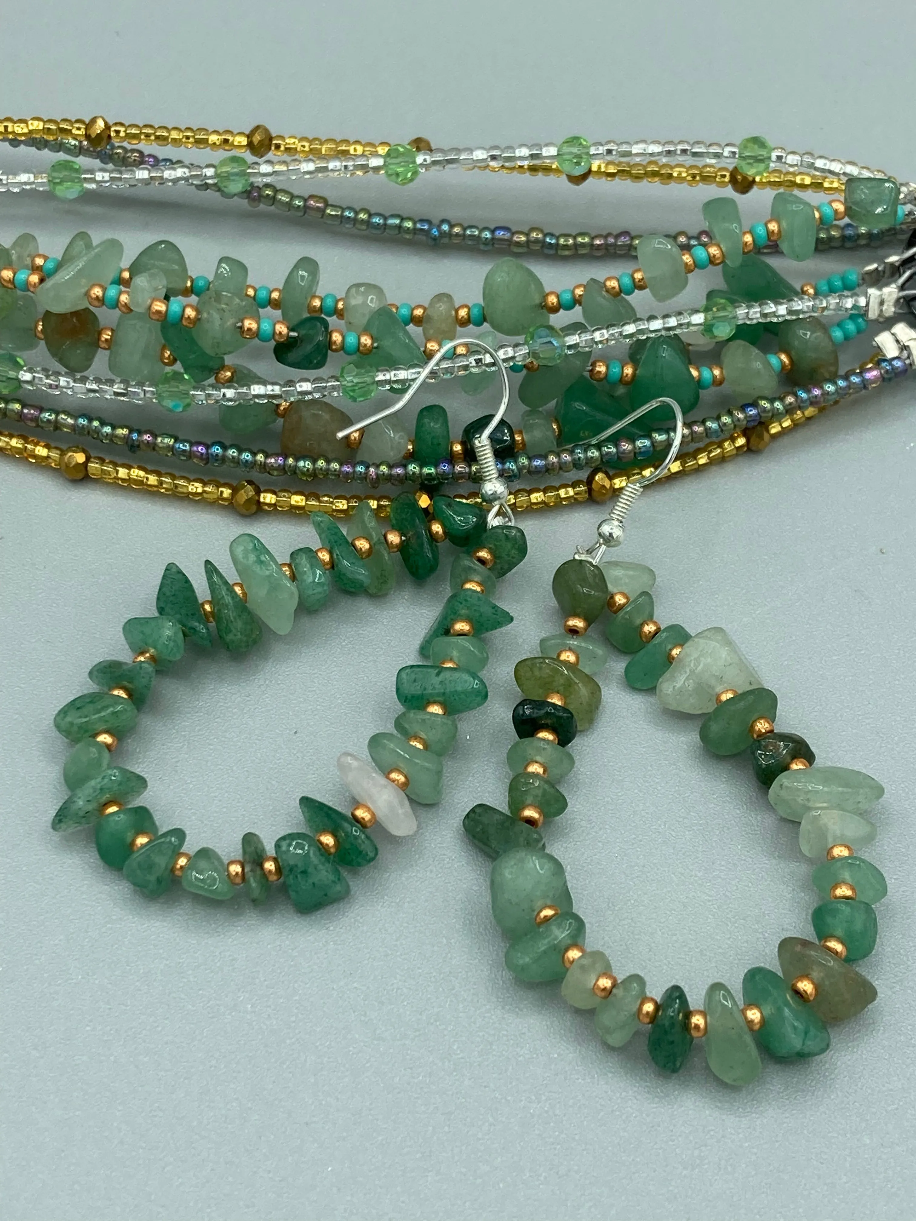 Green Aventurine Chip Beaded Bracelet, Bohemian, Hippie Natural Genuine Stone, Boho Chic, Shabby Chic, Gold And Green Beaded Strand Bracelet