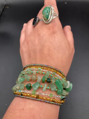 Green Aventurine Chip Beaded Bracelet, Bohemian, Hippie Natural Genuine Stone, Boho Chic, Shabby Chic, Gold And Green Beaded Strand Bracelet