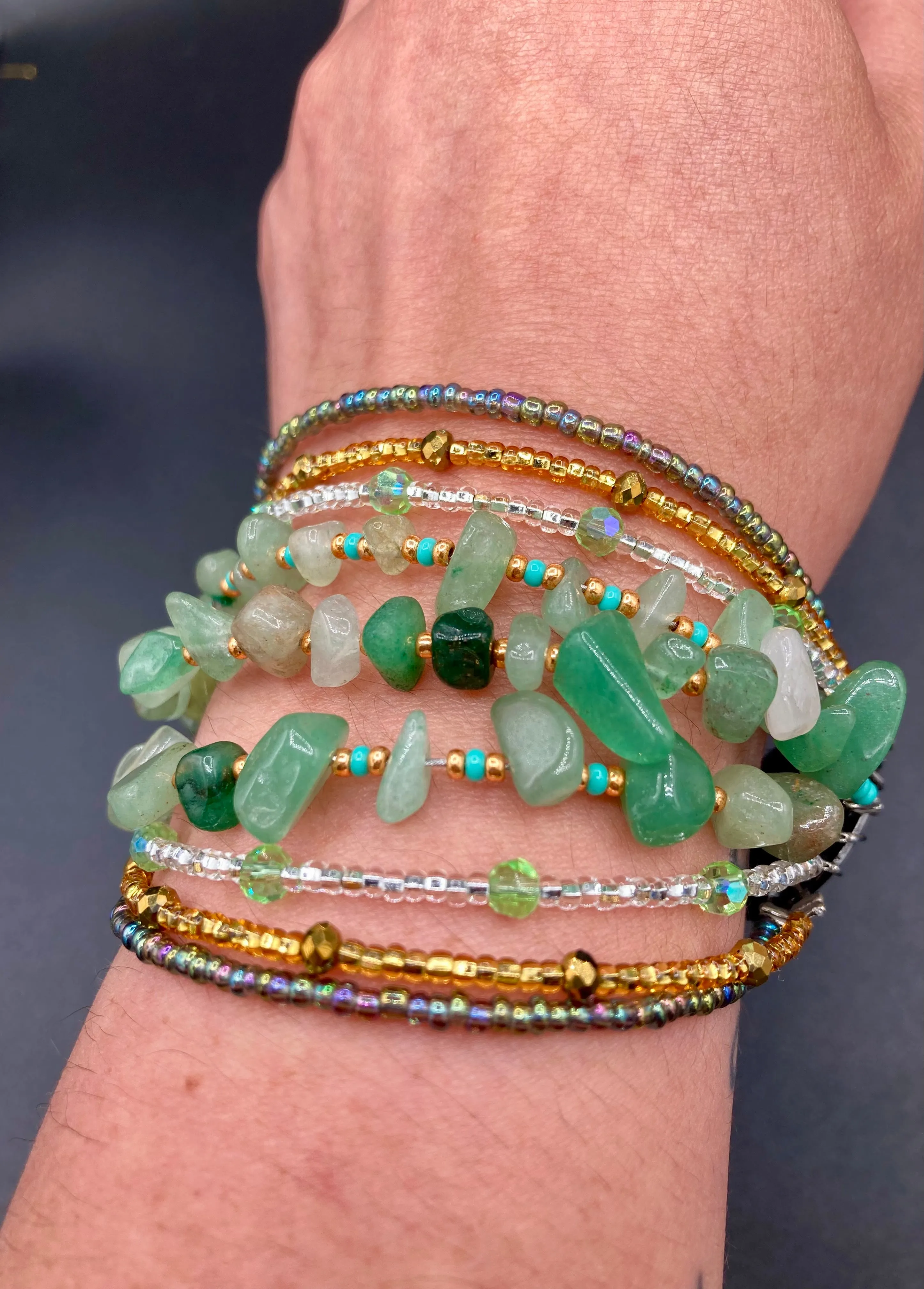 Green Aventurine Chip Beaded Bracelet, Bohemian, Hippie Natural Genuine Stone, Boho Chic, Shabby Chic, Gold And Green Beaded Strand Bracelet