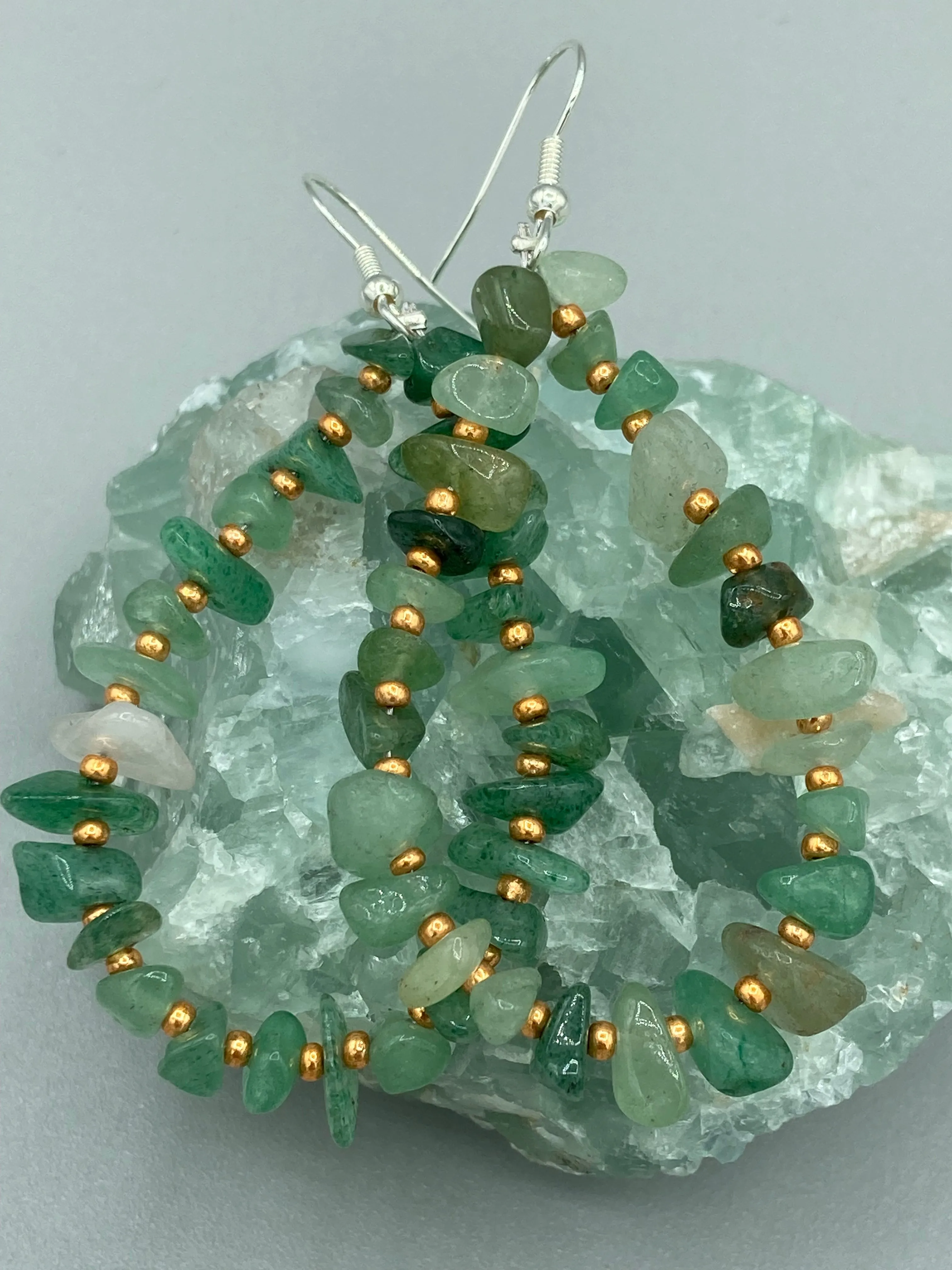 Green Aventurine Chip Beaded Bracelet, Bohemian, Hippie Natural Genuine Stone, Boho Chic, Shabby Chic, Gold And Green Beaded Strand Bracelet