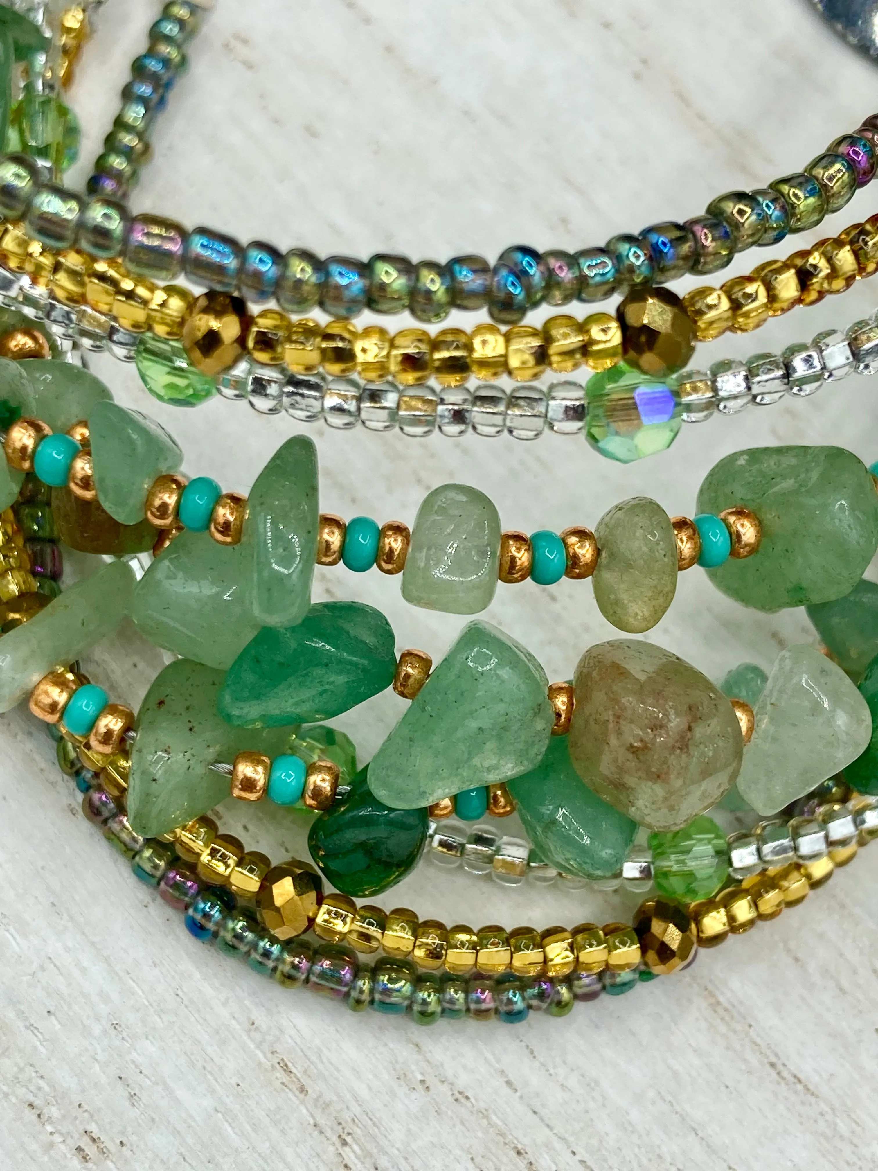 Green Aventurine Chip Beaded Bracelet, Bohemian, Hippie Natural Genuine Stone, Boho Chic, Shabby Chic, Gold And Green Beaded Strand Bracelet