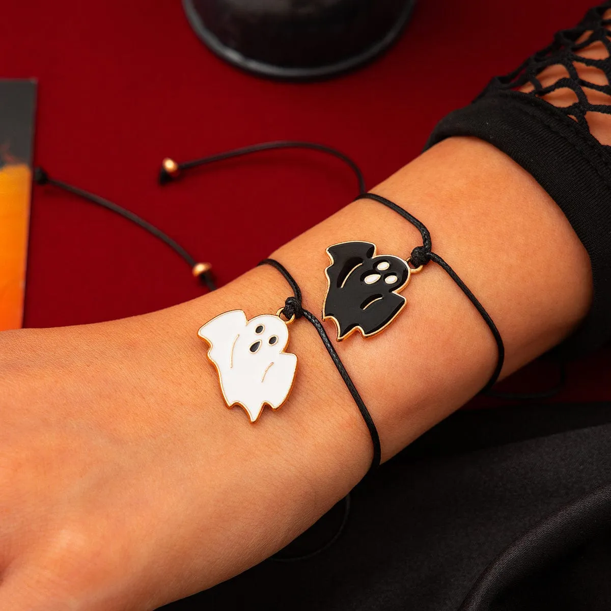 Halloween Cute Ghost Pendant Wax Cord Bracelet Set