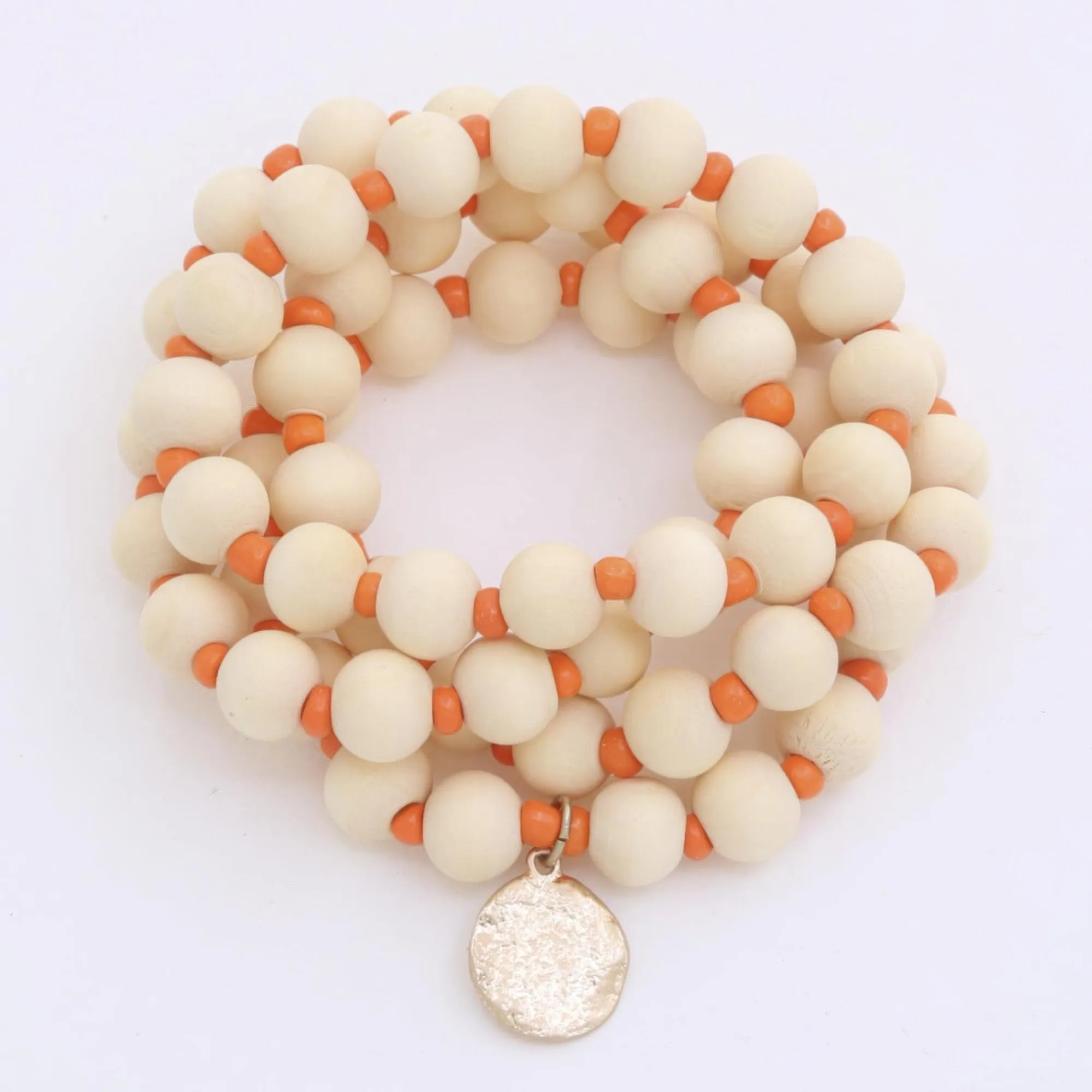 Hammered Coin Wood Bead Bracelet Set
