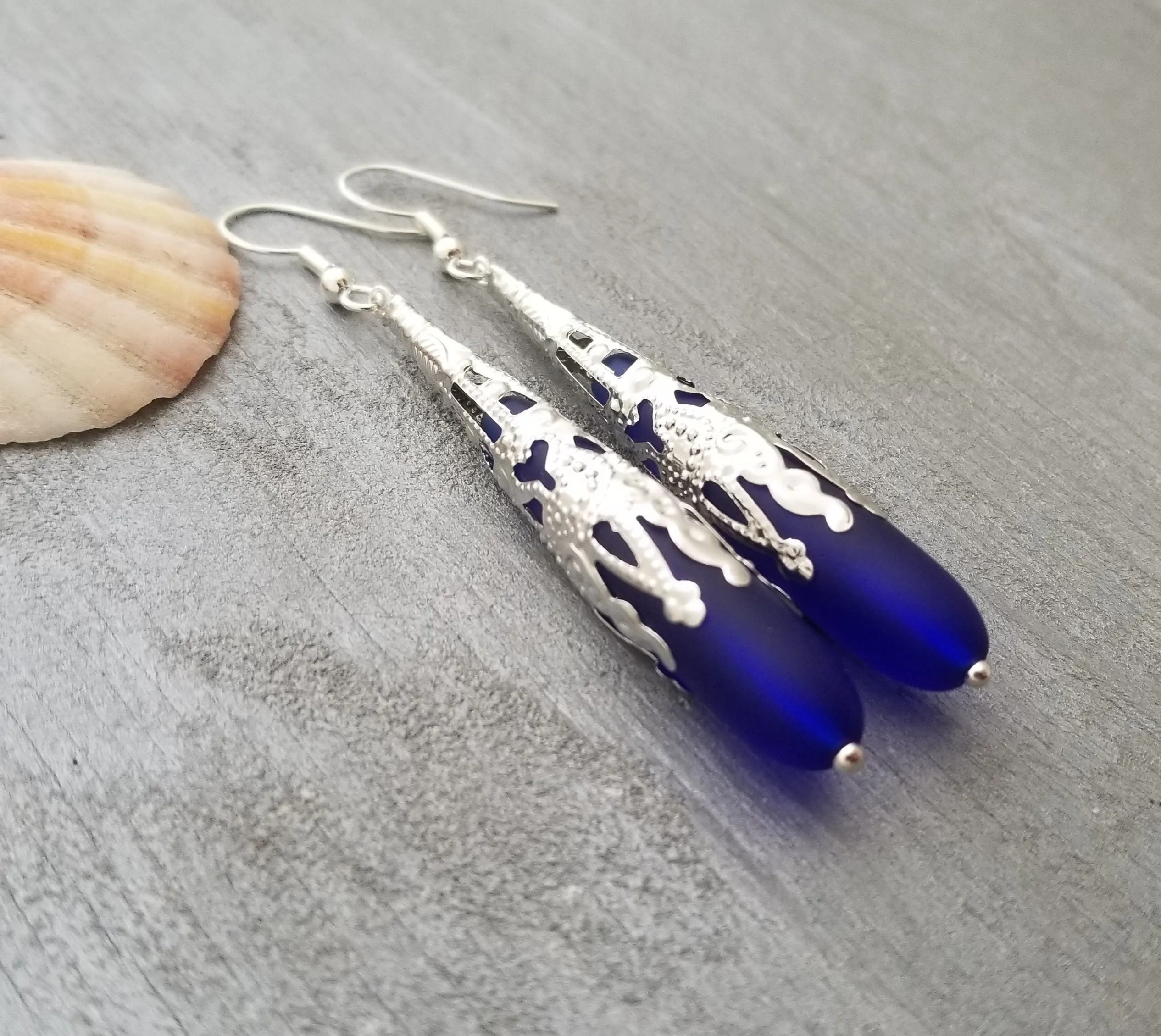 Hawaiian Jewelry Sea Glass Earrings, Cobalt Blue Earrings Long Teardrop Earrings, Sea Glass Jewelry Beach Jewelry(September Birthstone Gift)