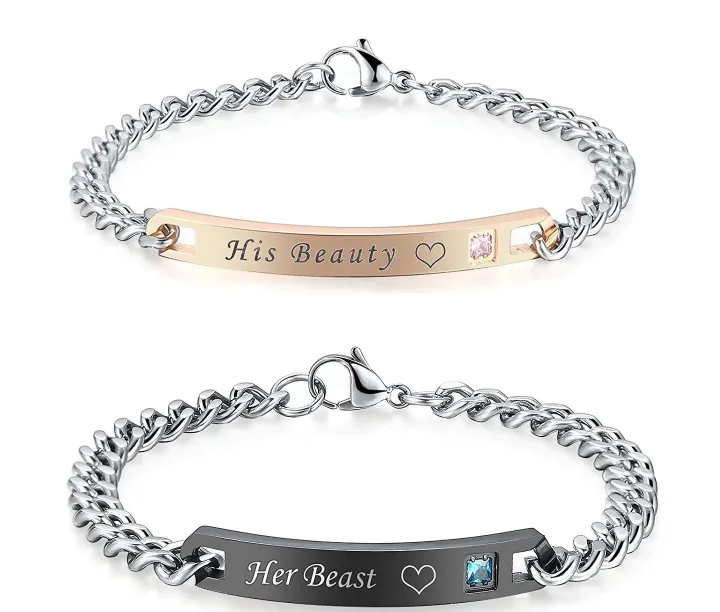 His Beauty Her King Stainless Steel Couples Bracelet Set with a Gift Box