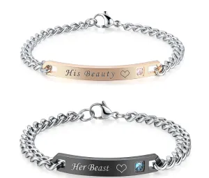 His Beauty Her King Stainless Steel Couples Bracelet Set with a Gift Box