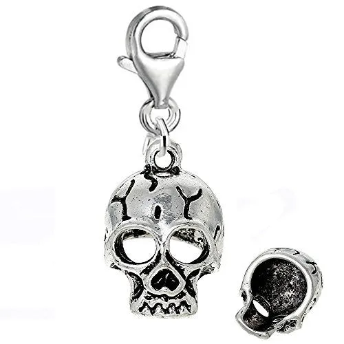 Hollow Skull Clip on Pendant for European Charm Jewelry w/ Lobster Clasp