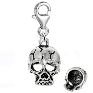 Hollow Skull Clip on Pendant for European Charm Jewelry w/ Lobster Clasp