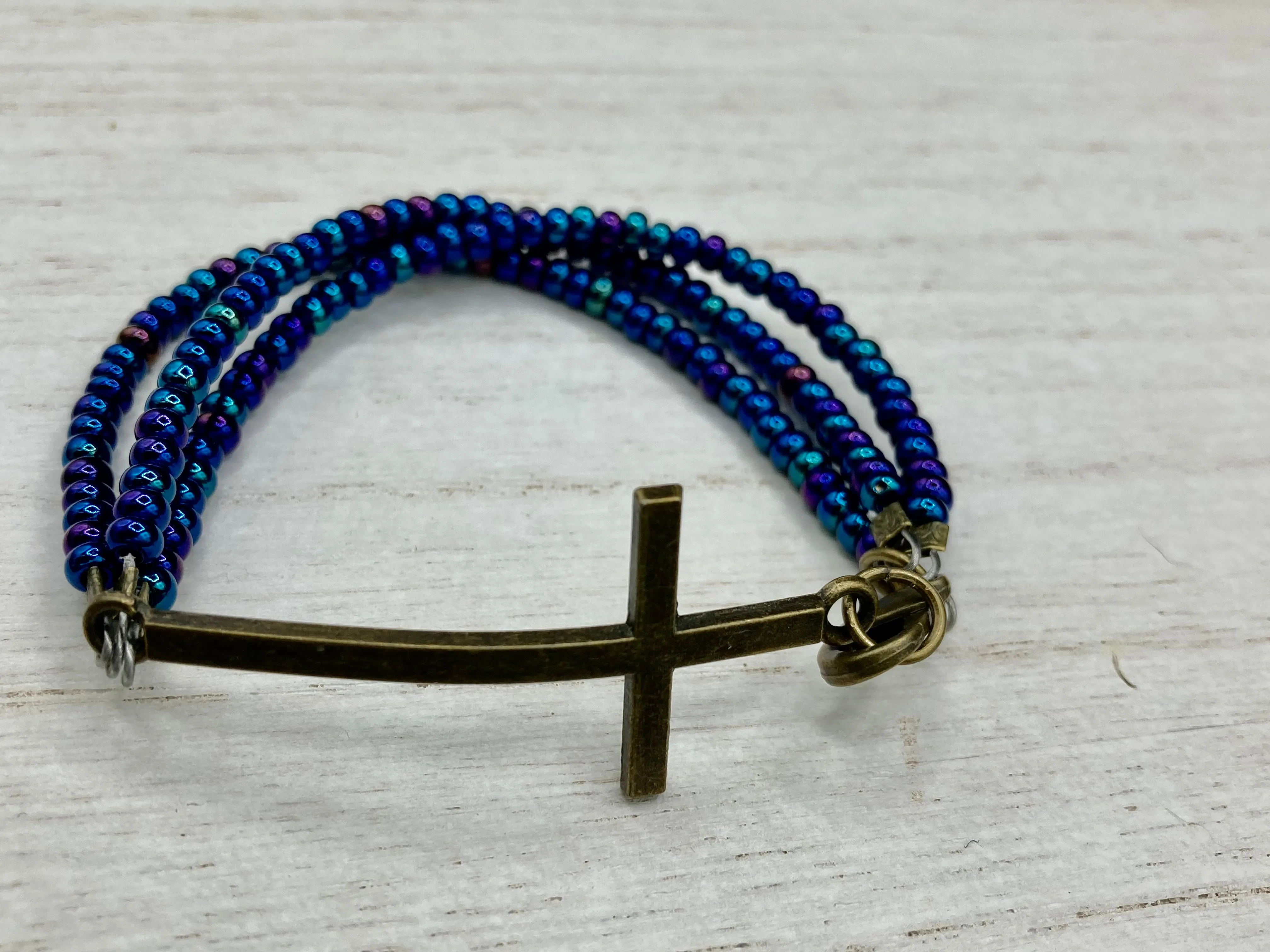 Horizontal Brass Cross Glass Beaded Bracelet, Crucifix Confirmation Communion Gift, Positivity Jewelry, Self Love Faith Jewelry, Christmas